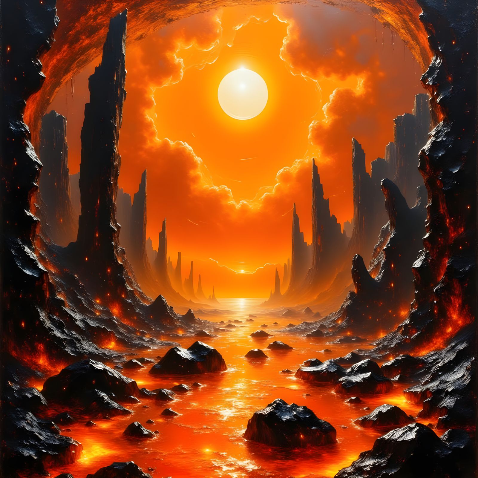 Alien Planet Landscape with Molten Rain
