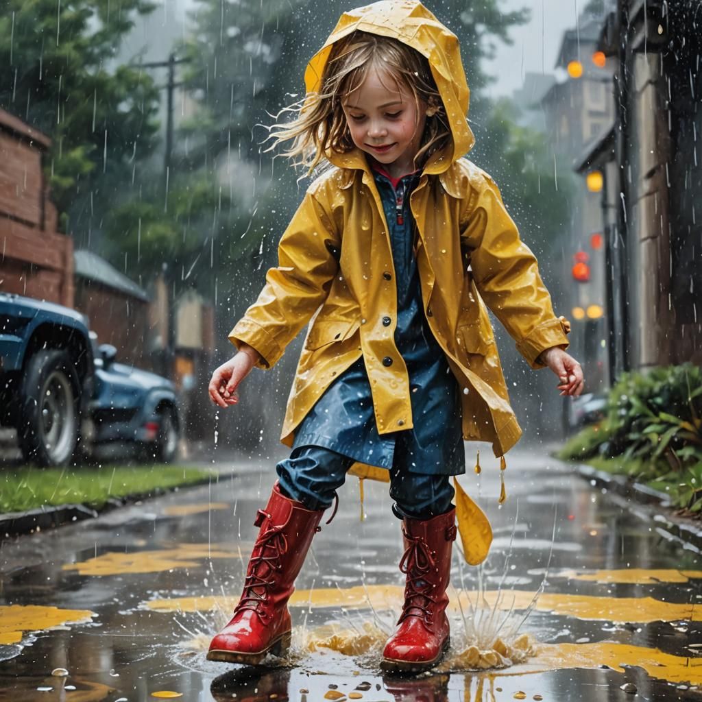 Child Splashing in Puddle, Whimsical Fantasy Art