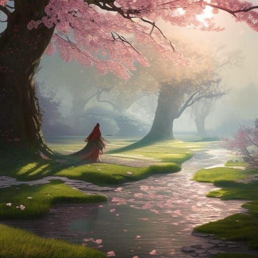 Ethereal Cherry Blossom Landscape in Art Nouveau Style