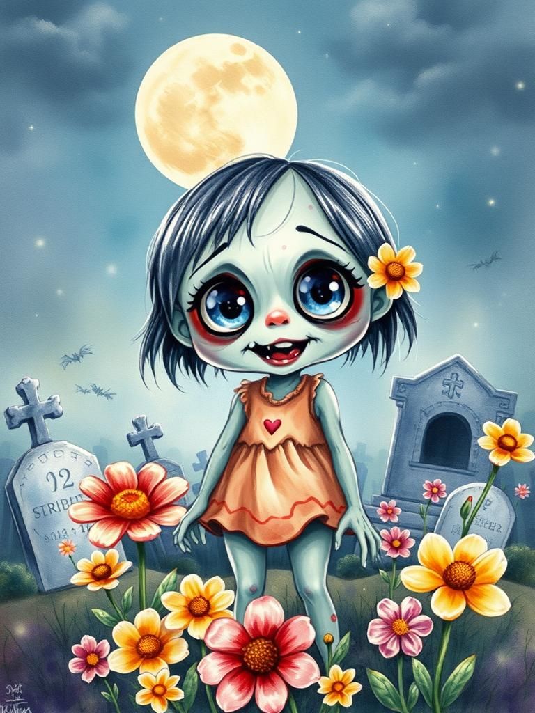 Cute Zombie Girl Smiling in Graveyard Watercolor