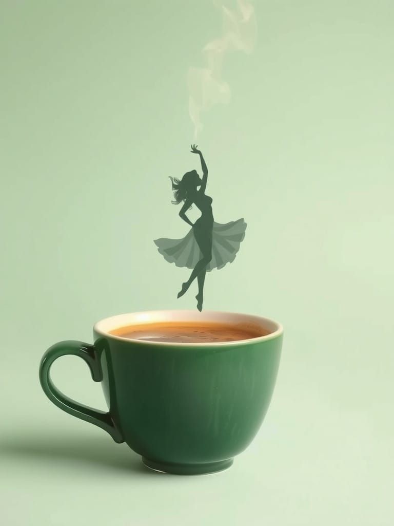 Dancer Emerging from Coffee Steam in Muted Greens