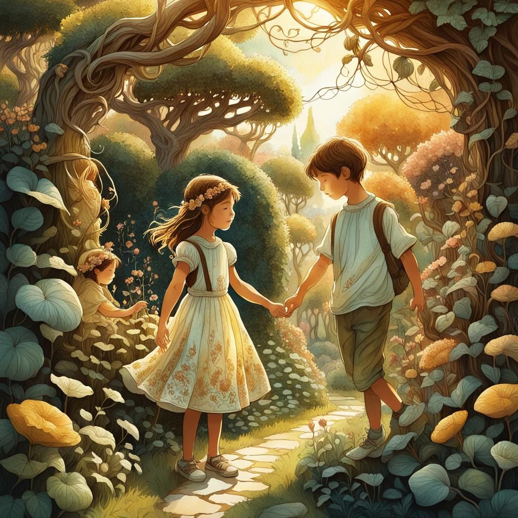 Children Playing in Whimsical Garden Illustration