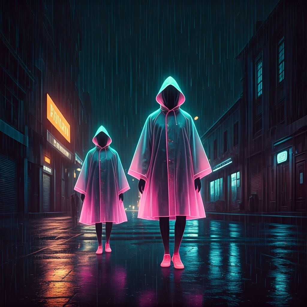 Ethereal Neon Figures Illuminate Rainy City Street