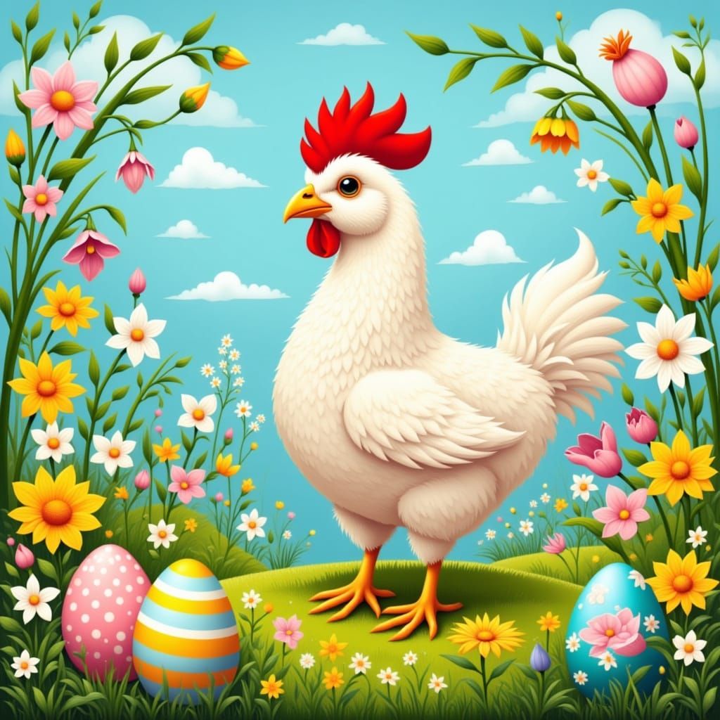 Chicken in Whimsical Easter Scenery