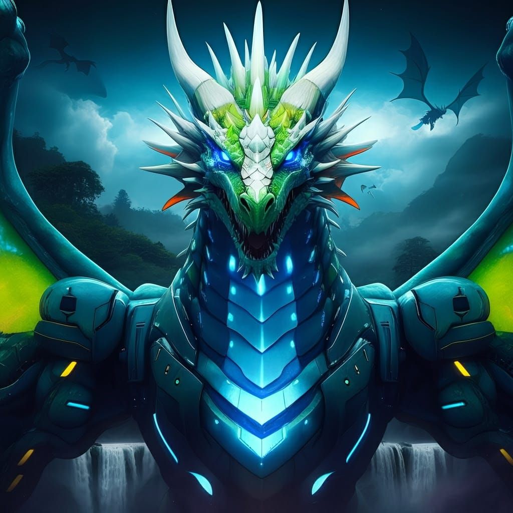 Neon Dragon with Blue Flame Breath in Sci-Fi Landscape