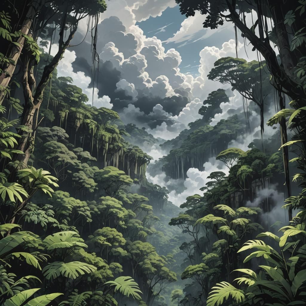 Lush Rainforest Canopy with Dramatic Anime Lighting