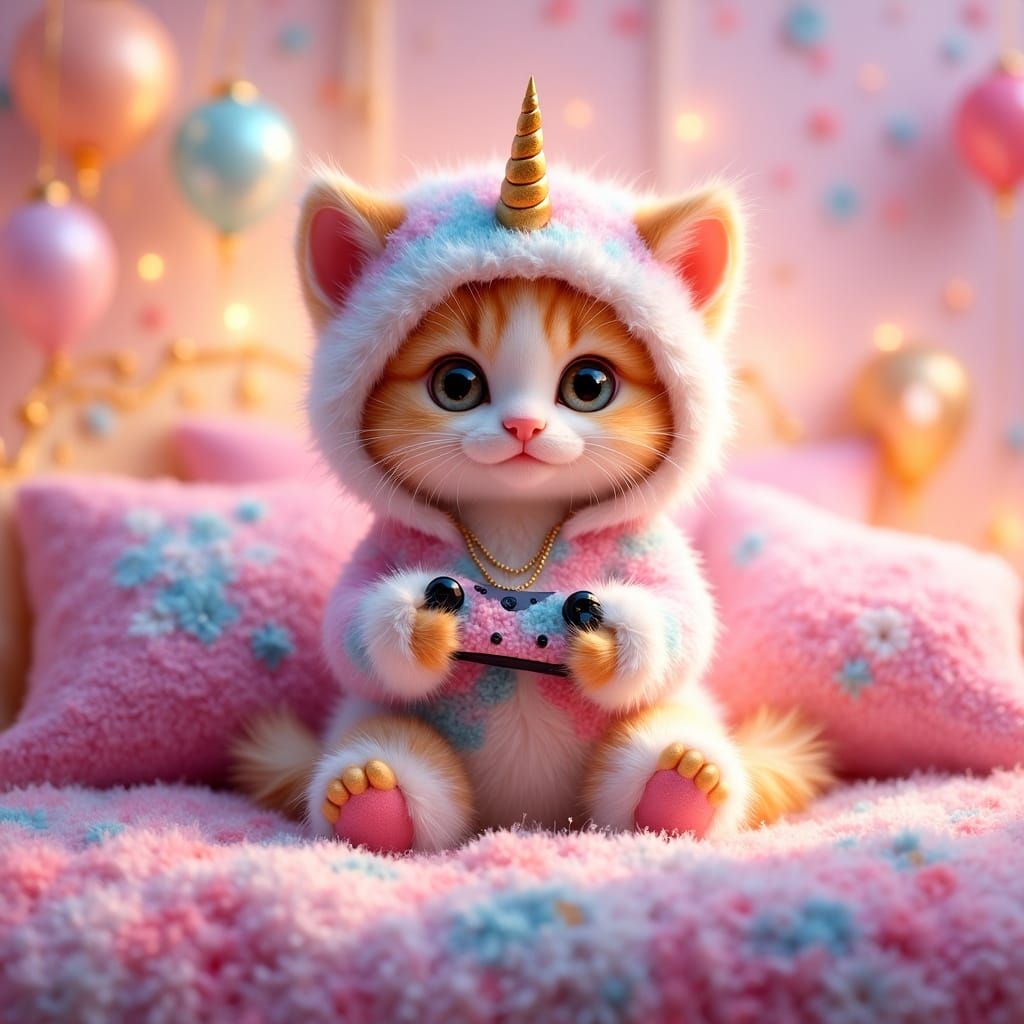 Cute Kitten in Unicorn Onesie Playing Video Games