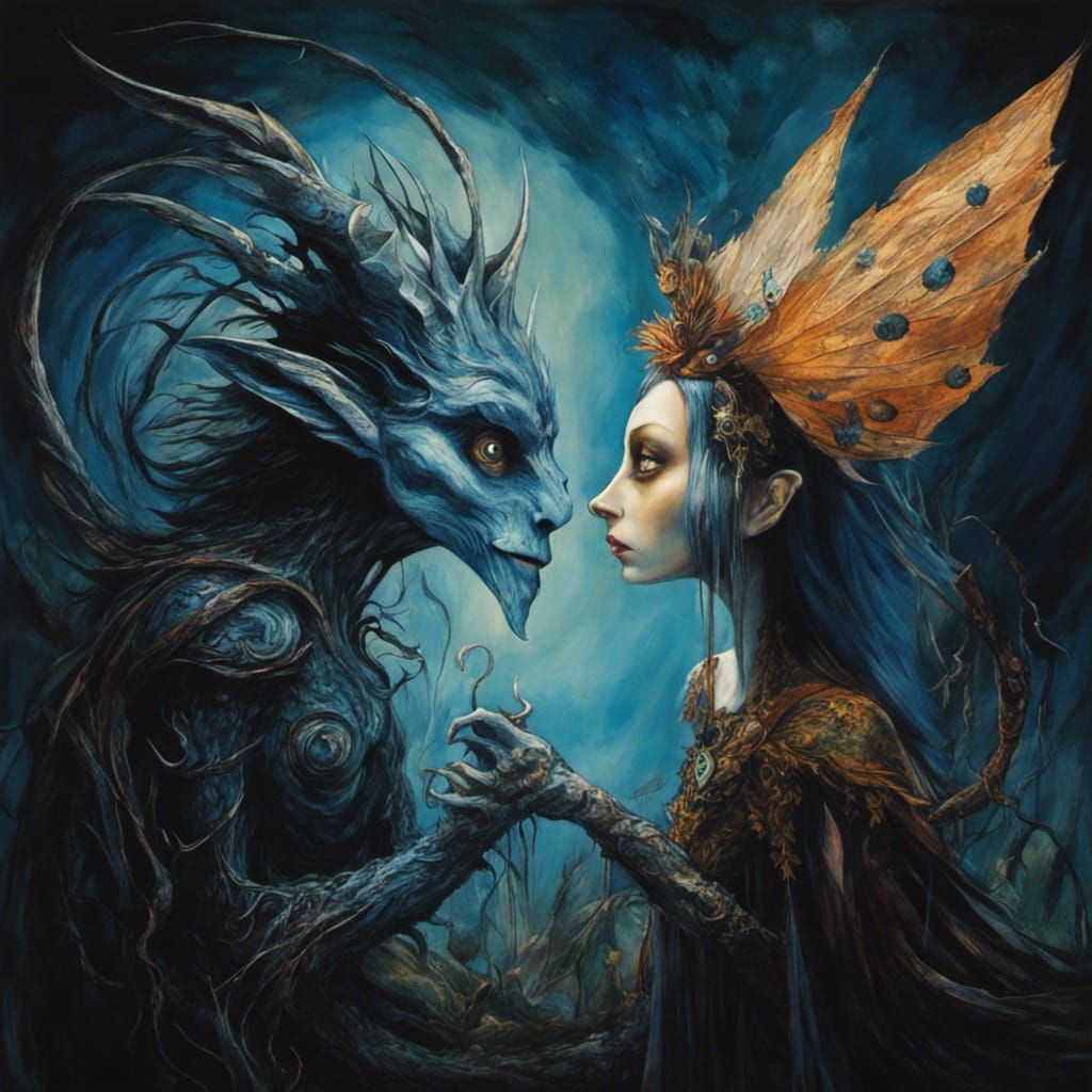 Gothic Night King and Fairy Princess in Abstract Art