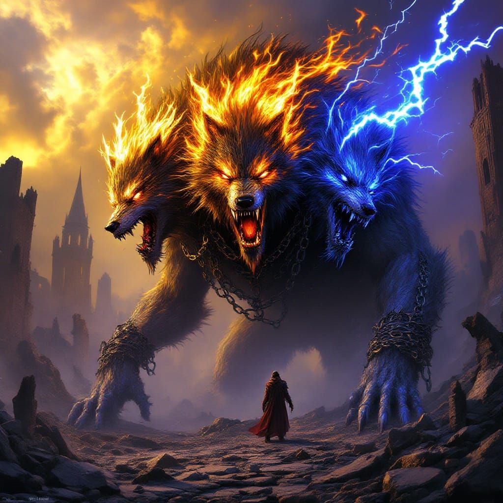 Gigantic Three-Headed Wolf Fenrir in Dark Fantasy Ruins