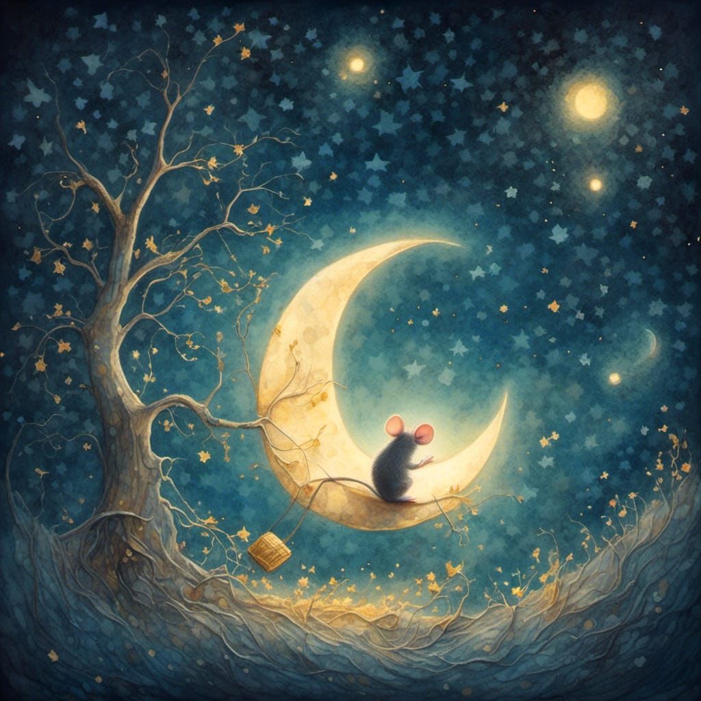 Mouse Bites Moon in Whimsical Surrealist Watercolor