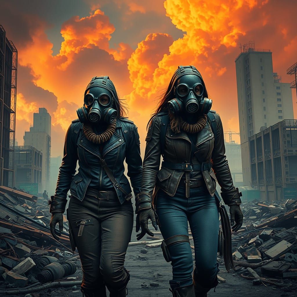 Women Navigate Toxic Ruins in a Dystopian Cityscape