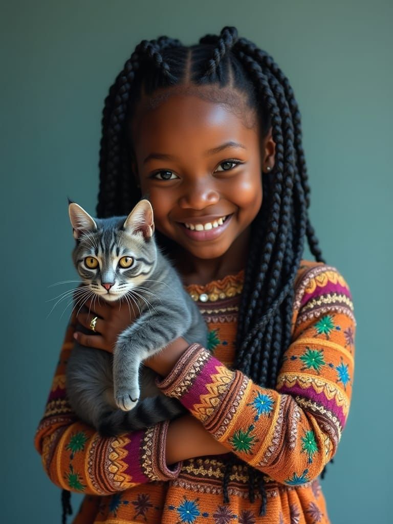 Girl with Cat: Hyperrealistic Portrait in Dreamlike Setting