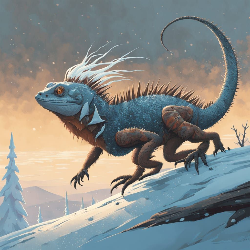 Mystical Lizard Defies Winter Storm in Dreamlike Landscape