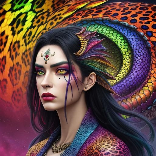 Colorful Woman with Dragon Scales: Digital Matte Painting