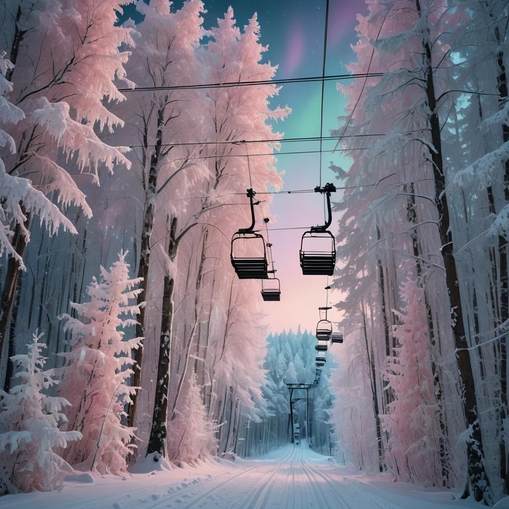 Ski lift with snow and ice sickles throughout picture with a...