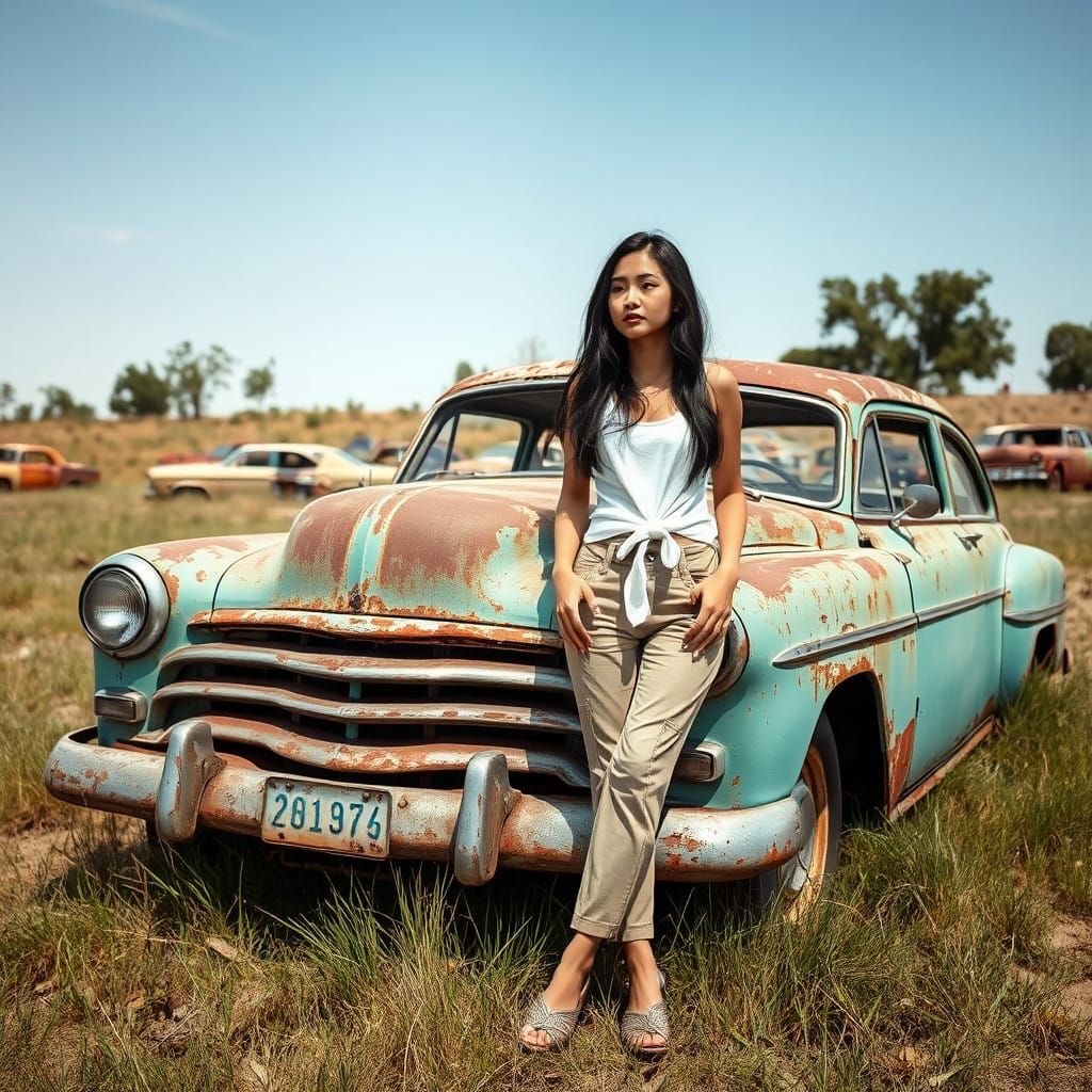 Grunge Abandoned Car Scene with Asian Girl