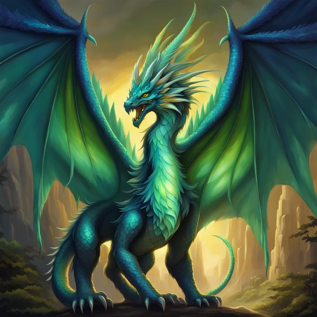 Iridescent Feathered Dragon with Golden Eyes