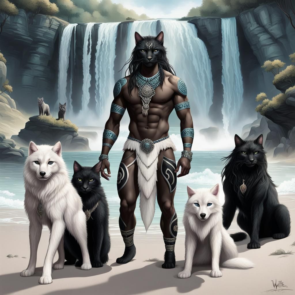 Tribal Feline Man on Beach with Wolves