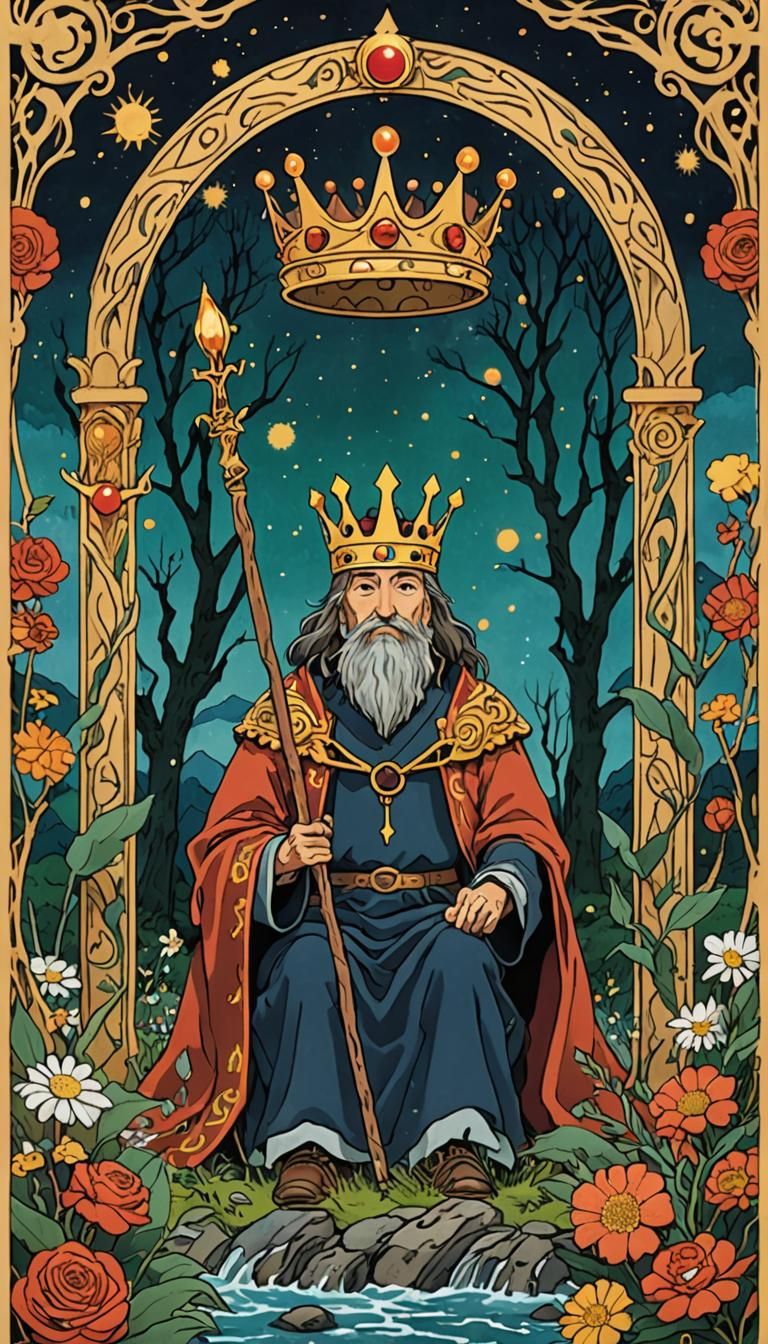 King of Wands Tarot Card in Ghibli Style