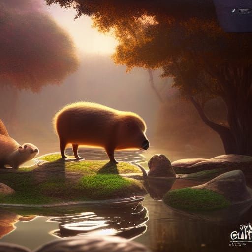 Capybara and Human Friends in Detailed Digital Painting