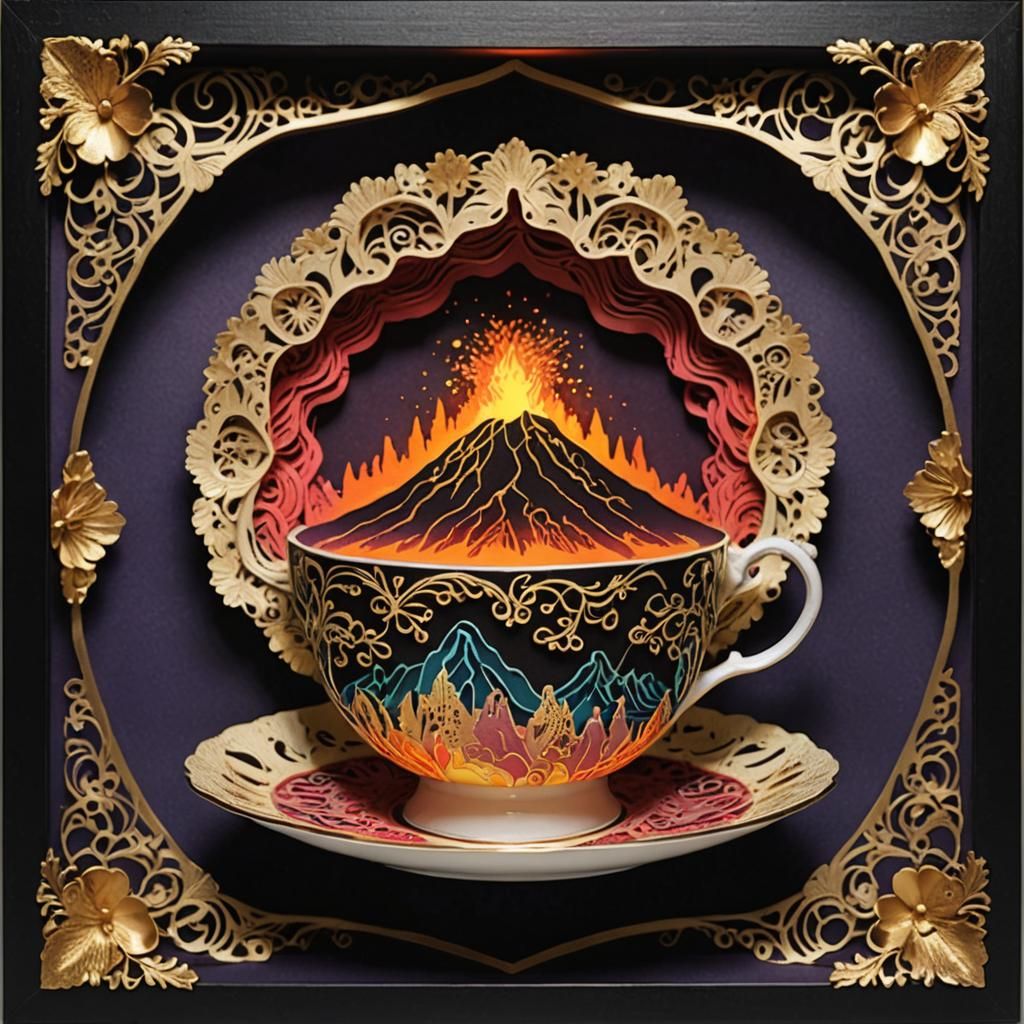 Velvet Volcano Erupts in Teacup Shadowbox Collage
