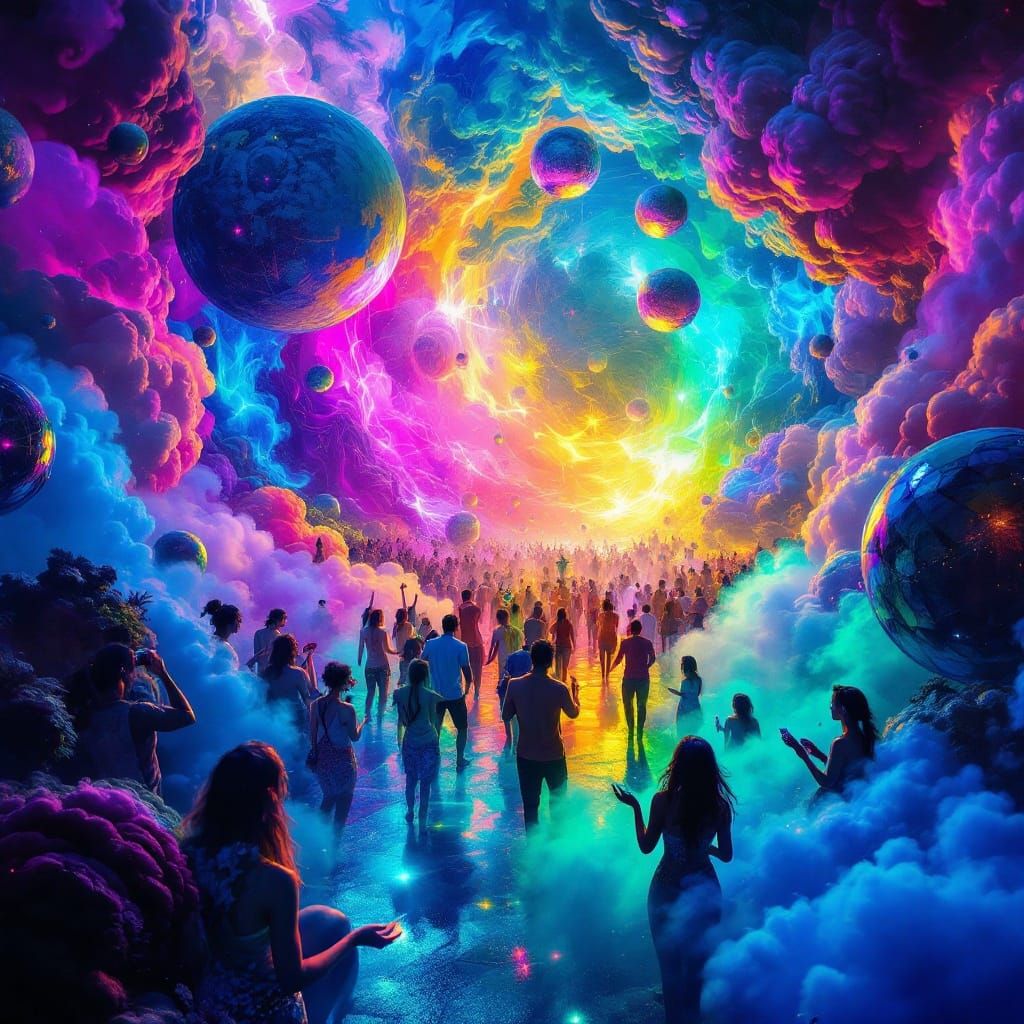 Vibrant Cosmic Party Realm in Kaleidoscopic Club Style