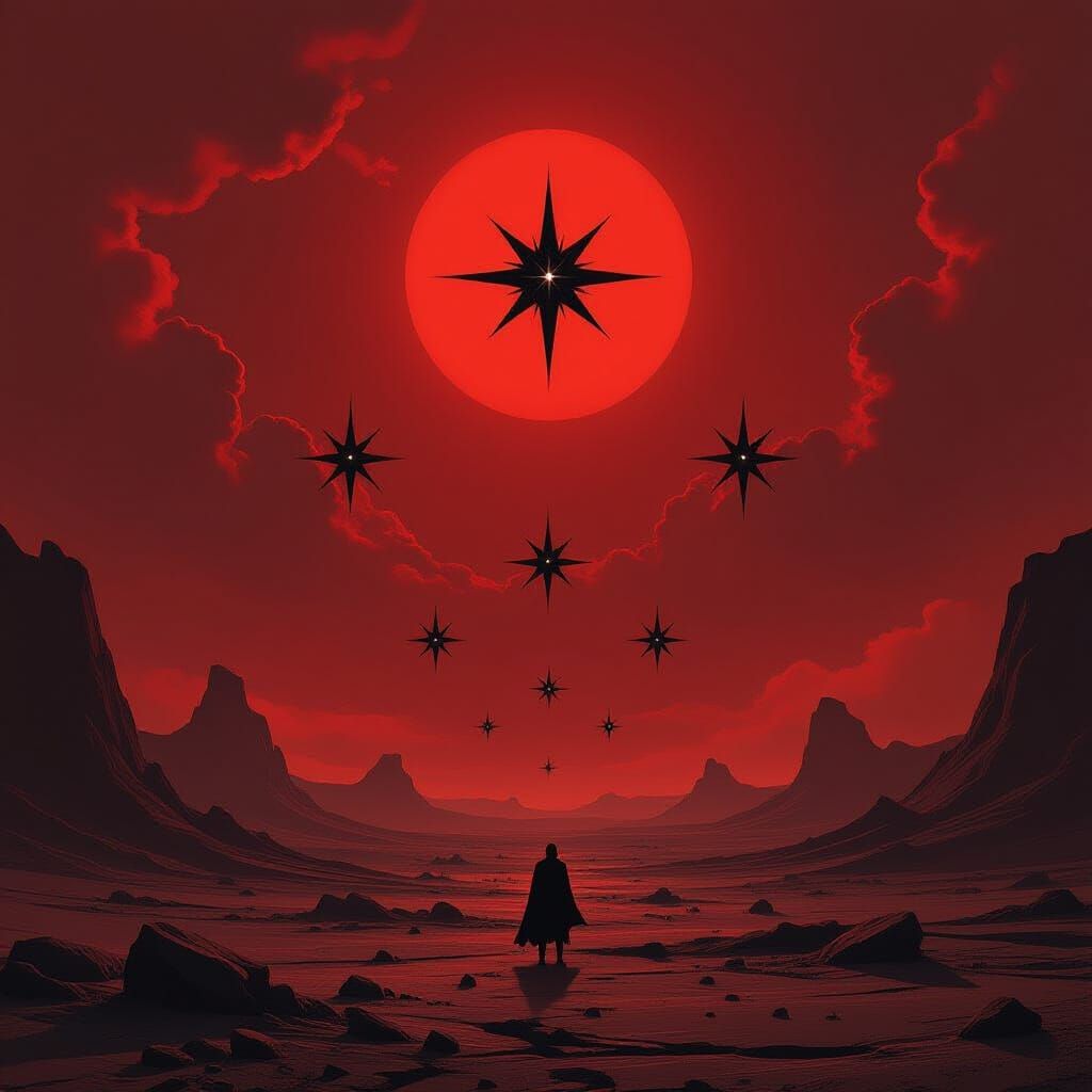 Ominous Cosmic Landscape with Black Stars in Red Sky