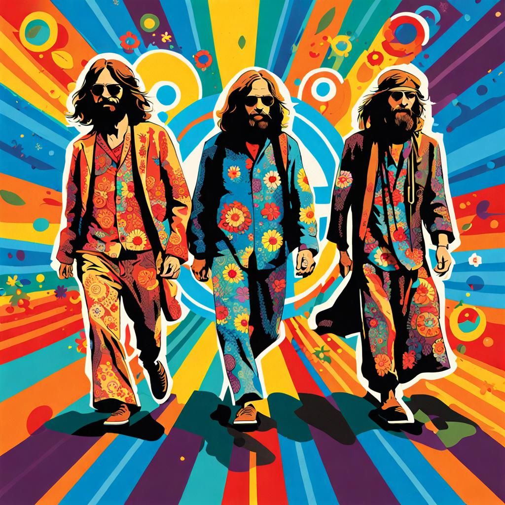 Hippies Walking with Peace Sign in Background