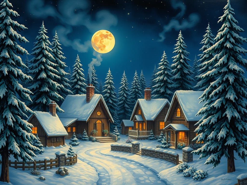 Moonlit Idyllic Winter Village Scene in Dreamy Style