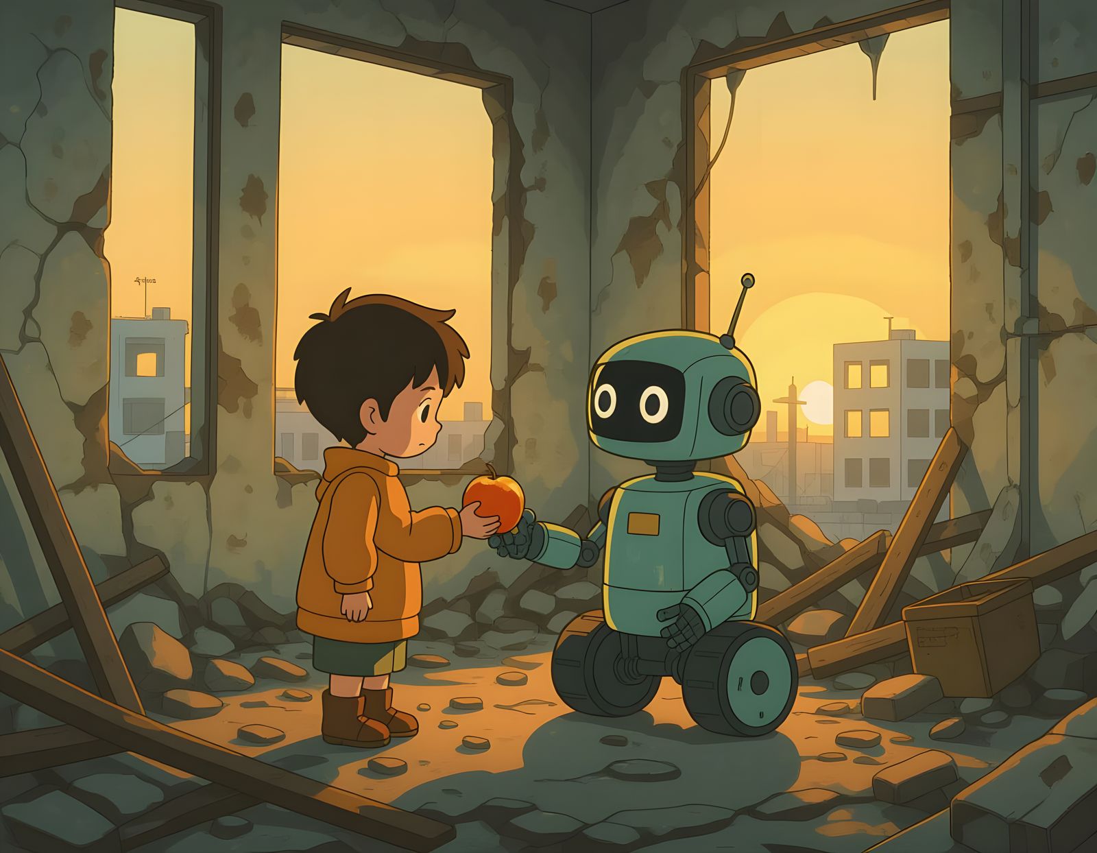 Child Shares Fruit With Robot in Post-Apocalyptic Dawn