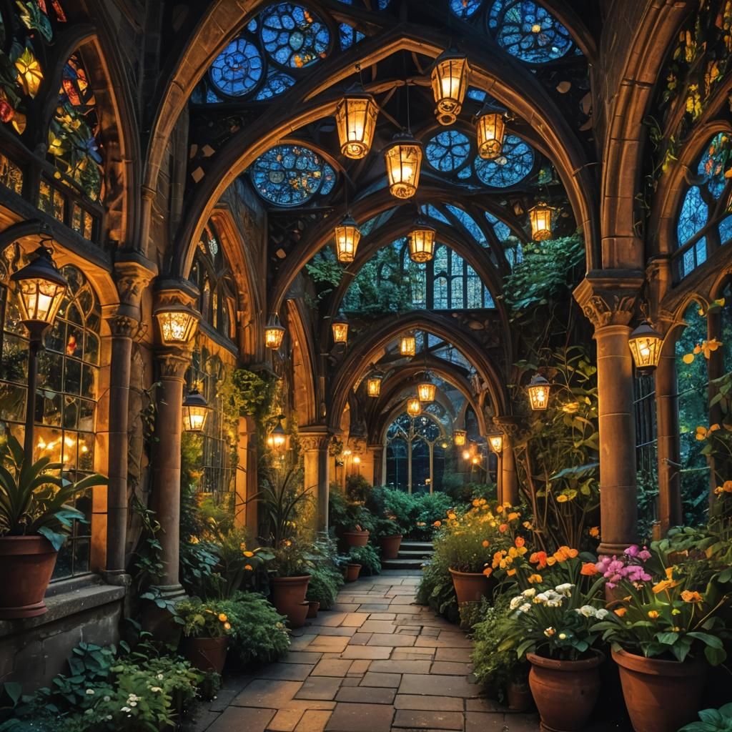 Magical Cloister Garden at Night in Maximalist Style