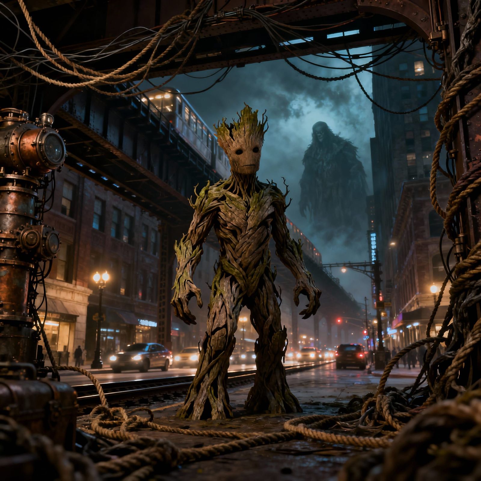 Groot, the sentient tree-like creature, stands sentinel in a dimly lit, street of downtown Chicago. Twisted wires and gn...