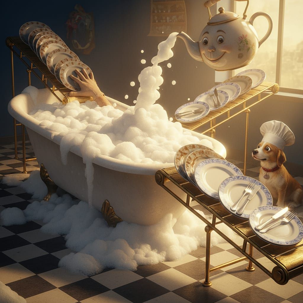 Magical Bathtub Cleans Dishes with Whimsical Hyperrealism
