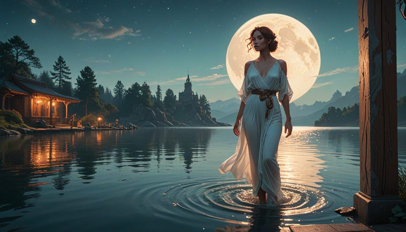 Cinematic Figure Walks Towards Lake of Hope Under Full Moon