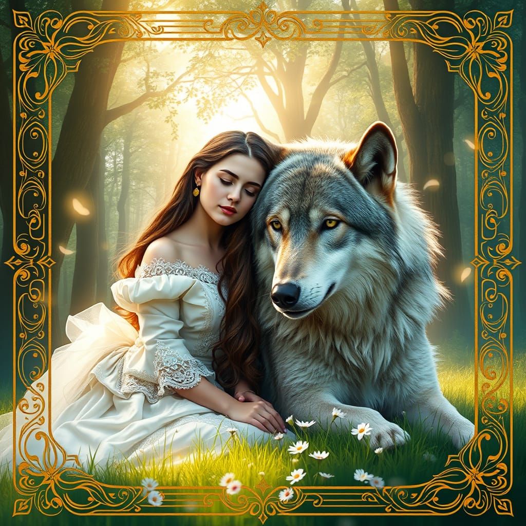 Serene Young Woman in Victorian Gown with Gray Wolf in Mysti...