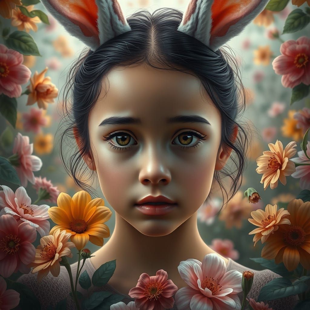 Hyper-Realistic Goddess Portrait in Whimsical Floral Setting
