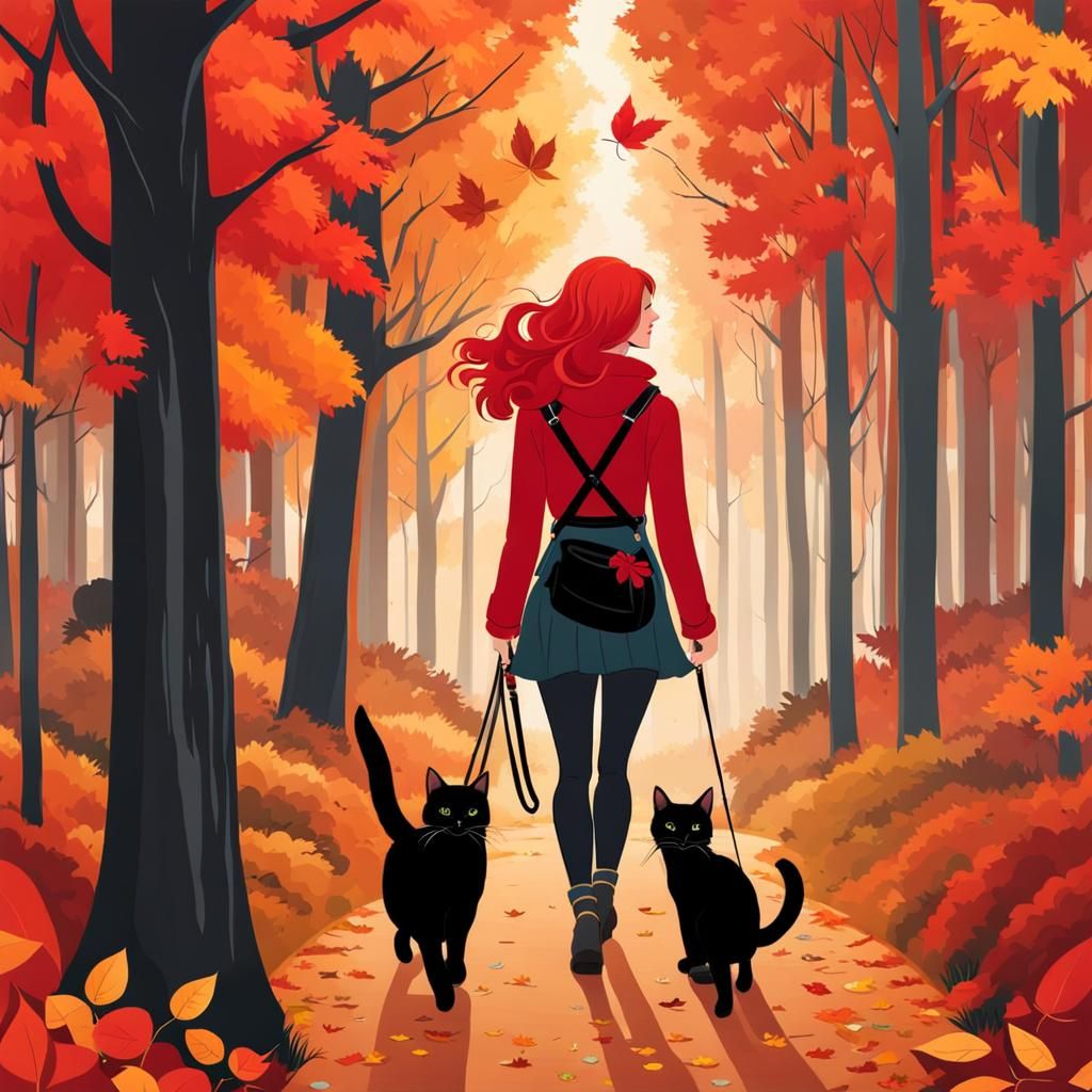 Woman Walks Black Kittens in Autumn Forest