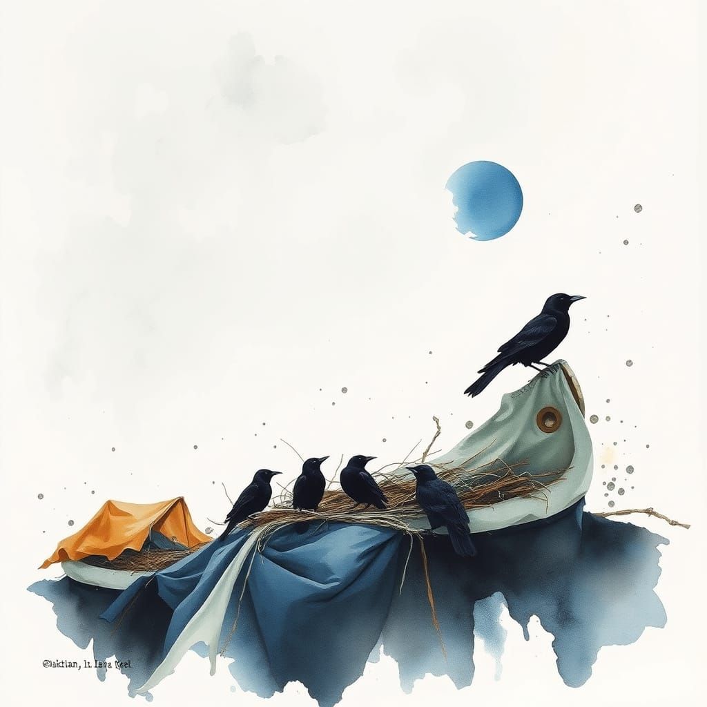 Ravens Nesting in Boatyard with Watercolor Effect