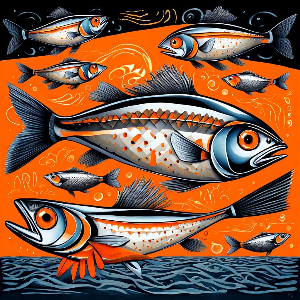 Surreal Sardines in Orange Eclectic Art
