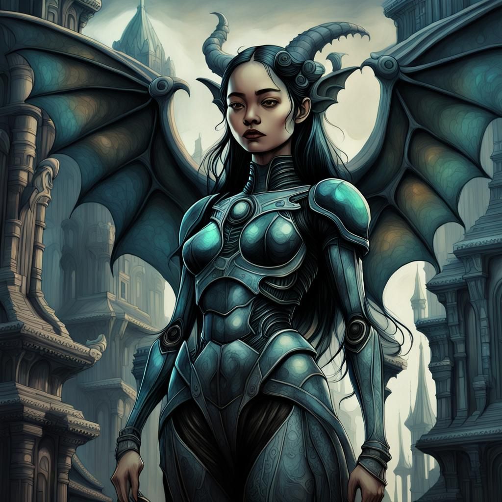 Gargoyle and Woman: Dark Fantasy Alcohol Ink Sketch