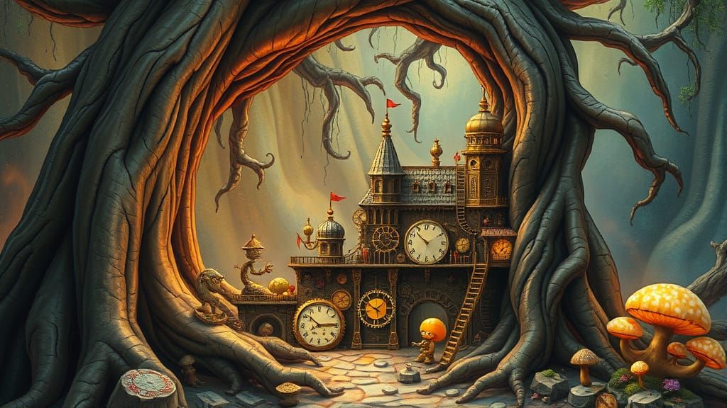 Clockwork City Beneath Ancient Tree, Surreal Fantasy Illustr...
