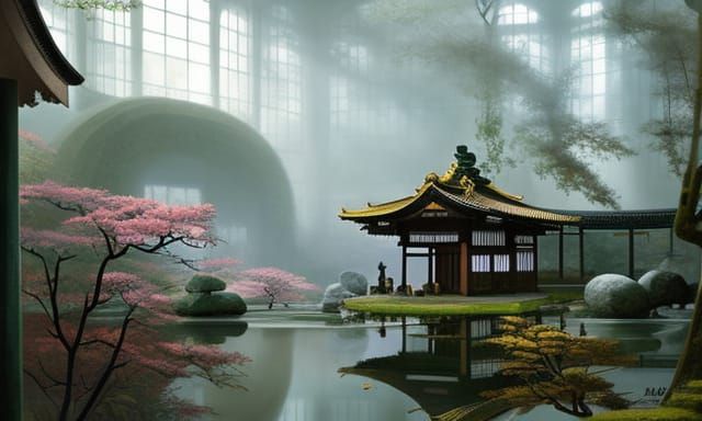 Lush Japanese Garden Interior with Cherry Blossoms