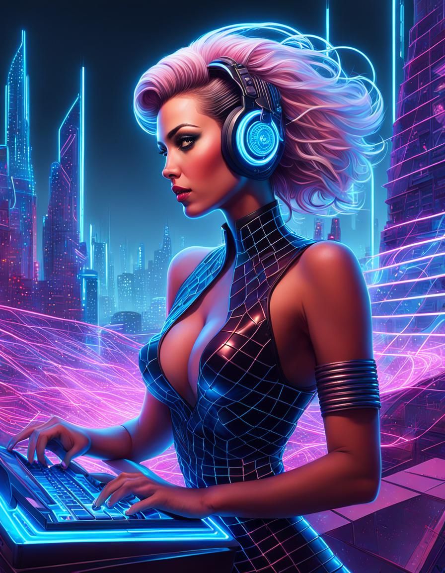 Cybernetic Woman Hacking in Neon Grid Cityscape