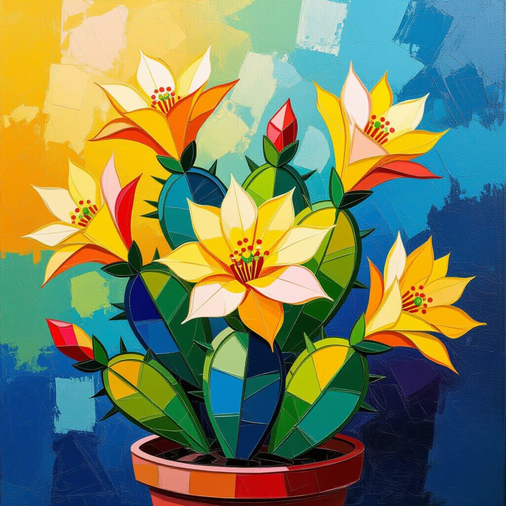 Yellow Cactus Oil Painting in Expressionist Impasto Style