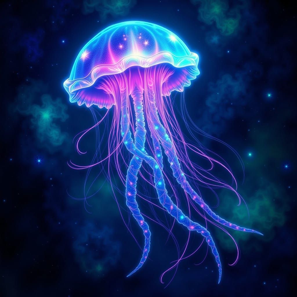Bioluminescent Jellyfish in Cosmic Ocean