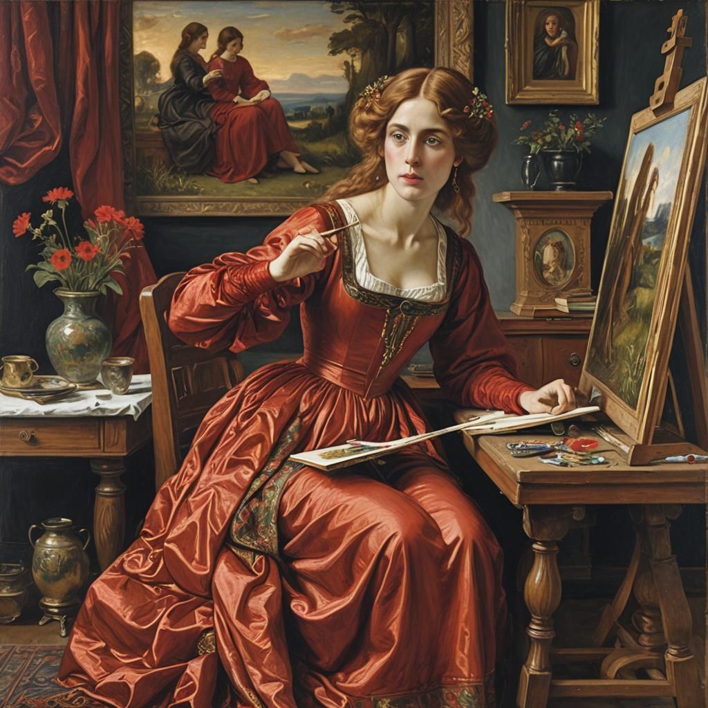 Pre-Raphaelite Woman Painting a Self-Portrait