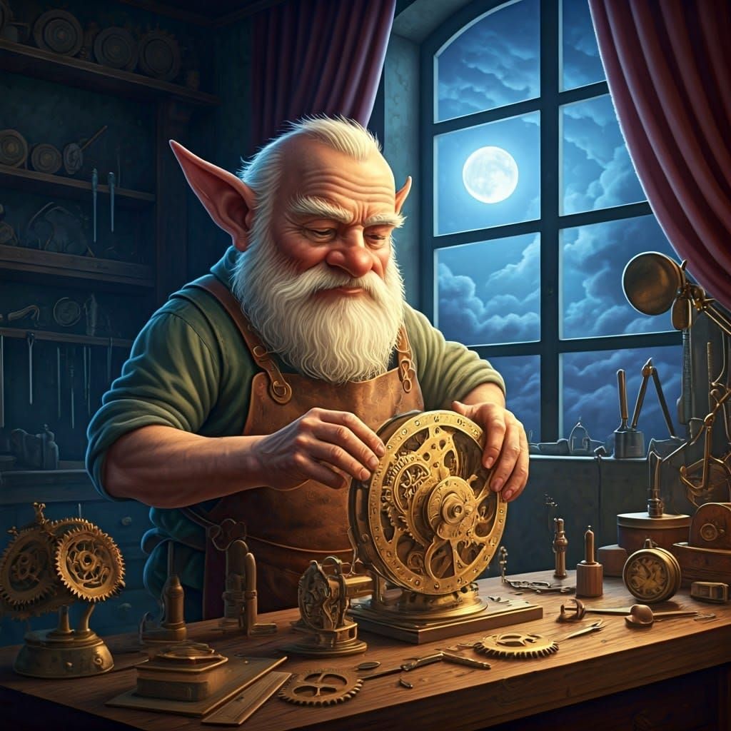 Gnome Working on Clockwork, Hyperrealistic Dreamy Style