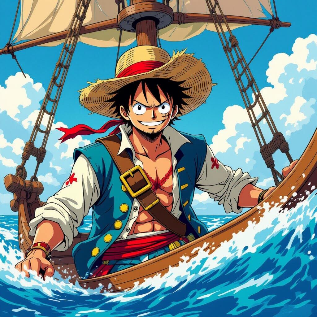 Swashbuckling Pirate with Tattered Straw Hat Sailing