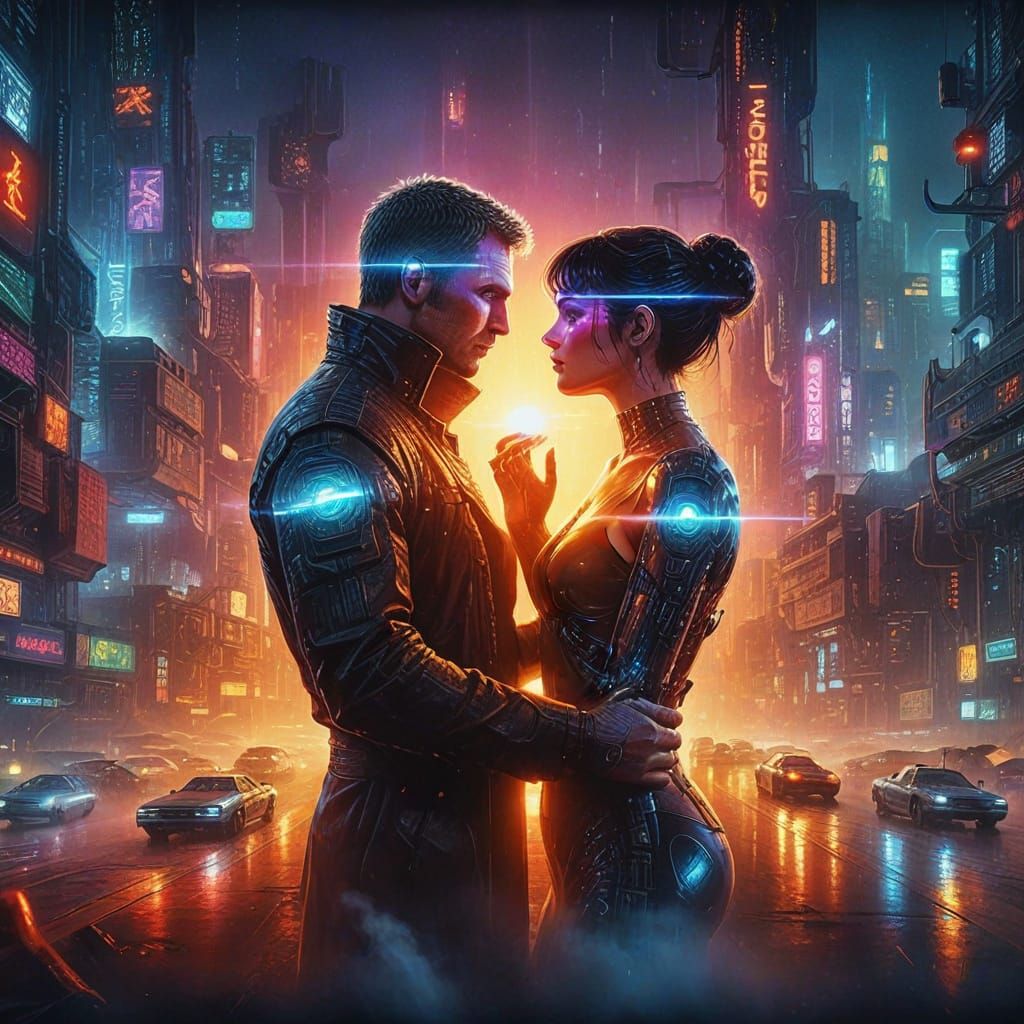 Cyberpunk Blade Runner Love Scene in a Futuristic Metropolis