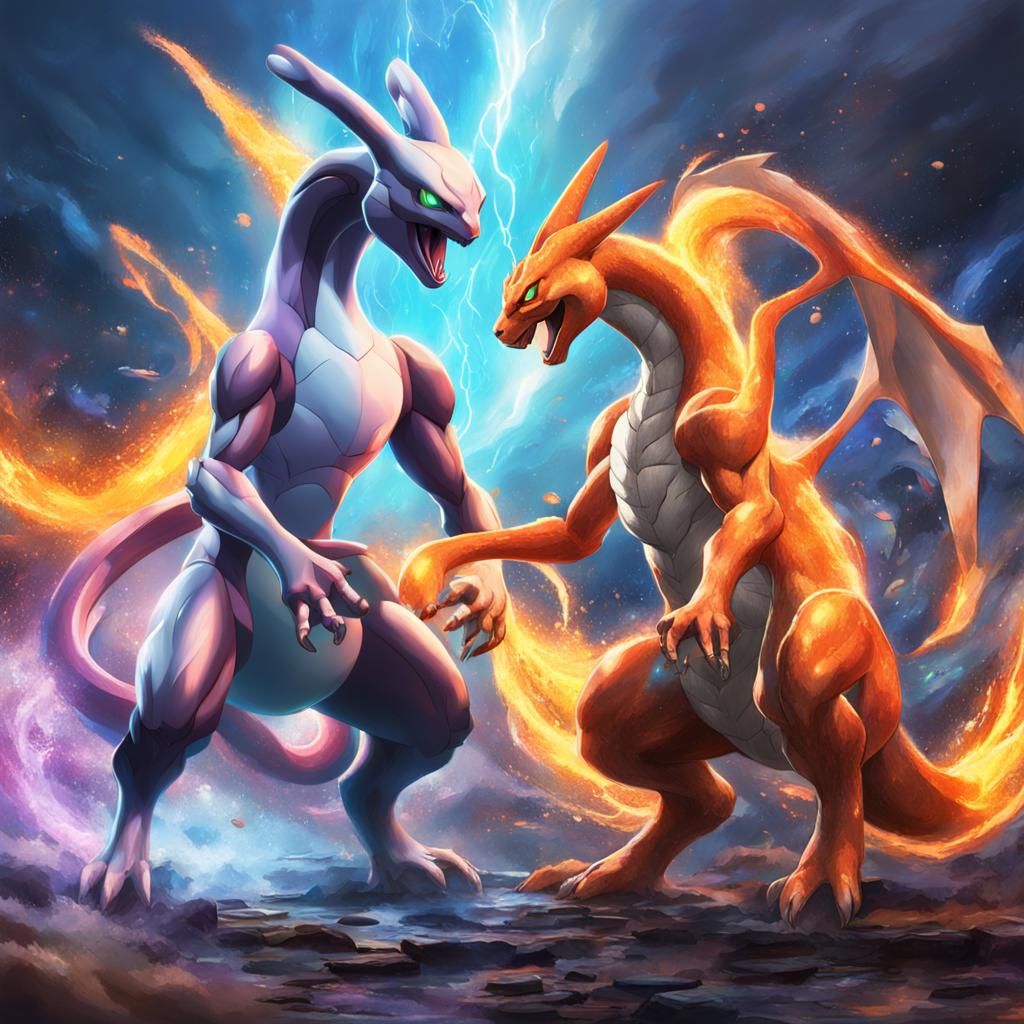 Hyperrealistic Mewtwo Charizard Hybrid Splash Art